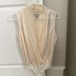 Cache Cream Satin Draped V-Neck Sleeveless Bodysuit